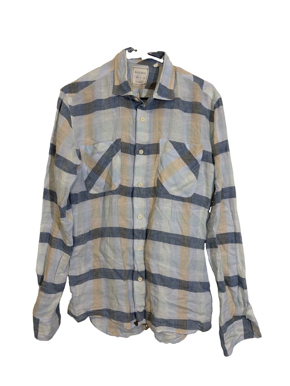 Billy Reid Shirt Mens M Plaid 100% Linen Pockets Button Up